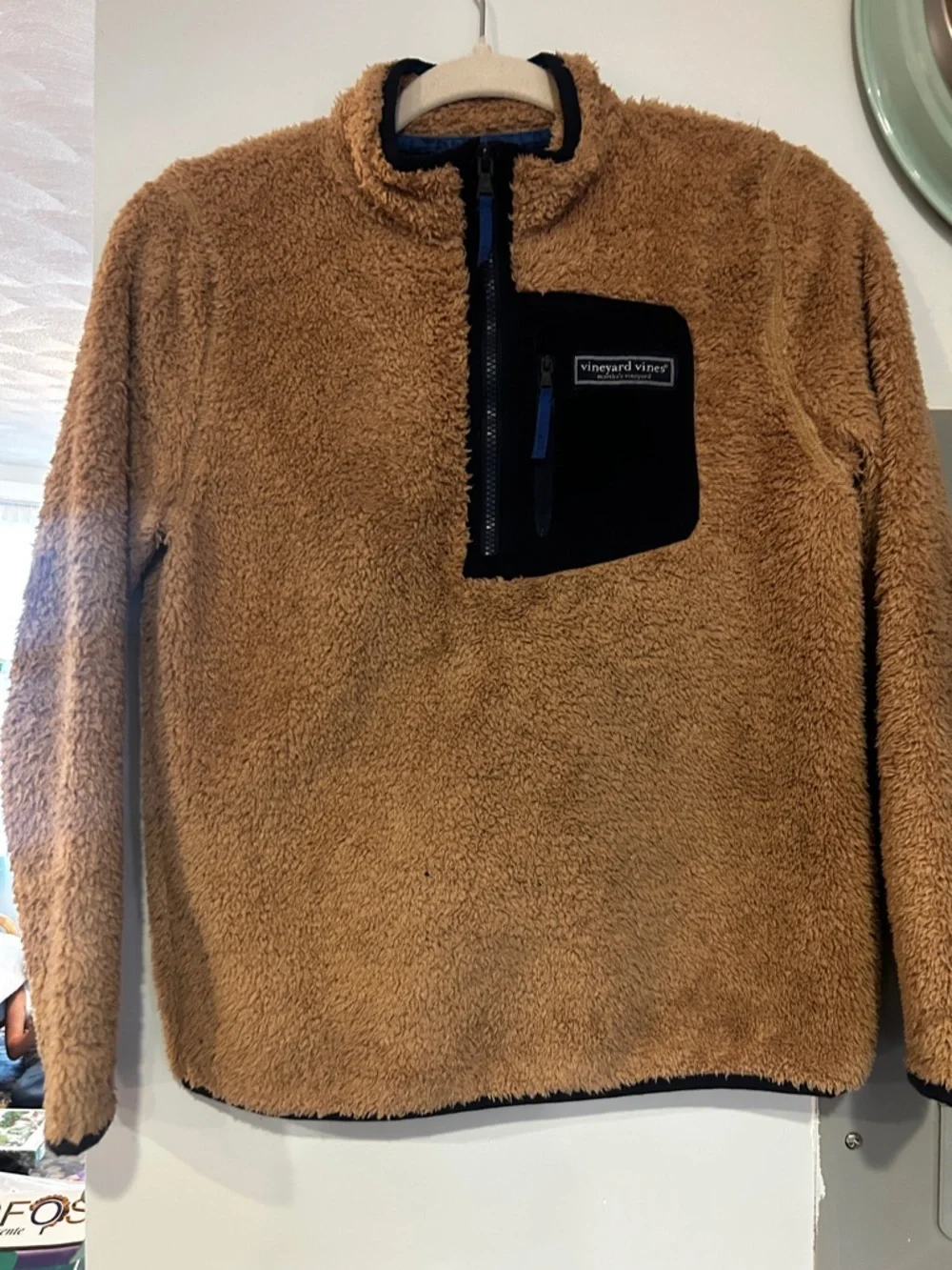 Vineyard Vines Kids Camel Sherpa Zip Pullover with Black Chest Pocket